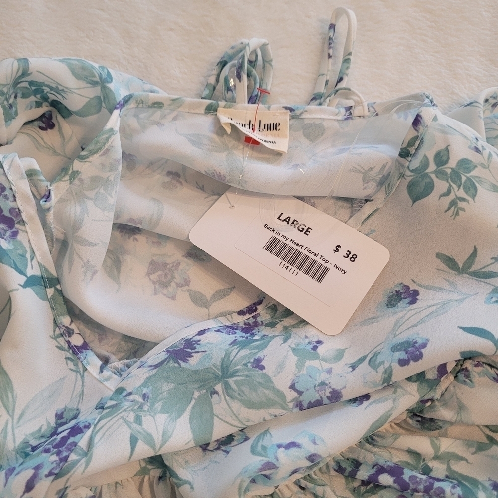 Peach Love California Floral Lightweight Tie Neck Women's Top Size Large - Picture 4 of 16
